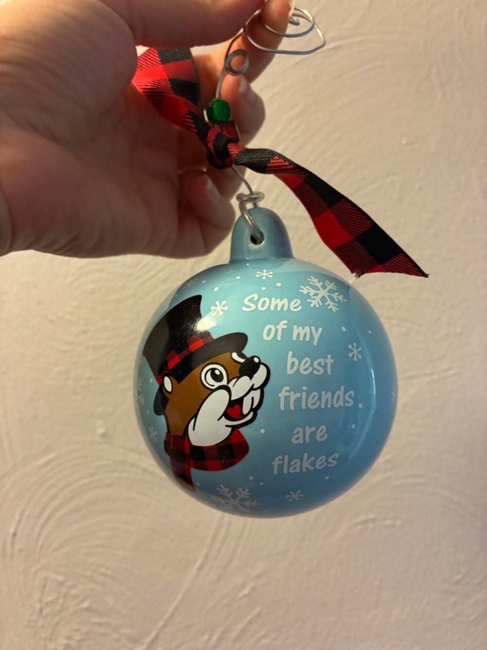Buc-ee's Snowflake Holiday Ornament Light Blue Glass Plaid Hat Beaver Humor